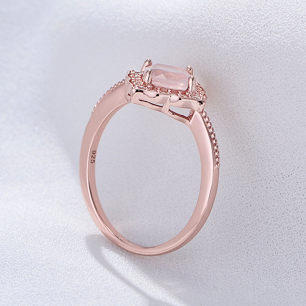 Rose Gold Plated CZ Natural Rose Quartz Gemstone Wedding Engagement Ring Jewelry