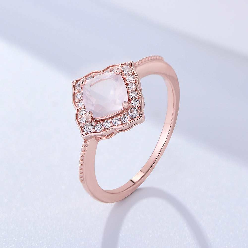 925 Sterling Silver Rose Gold Plated CZ Natural Rose Quartz Gemstone Wedding Engagement Ring Jewelry