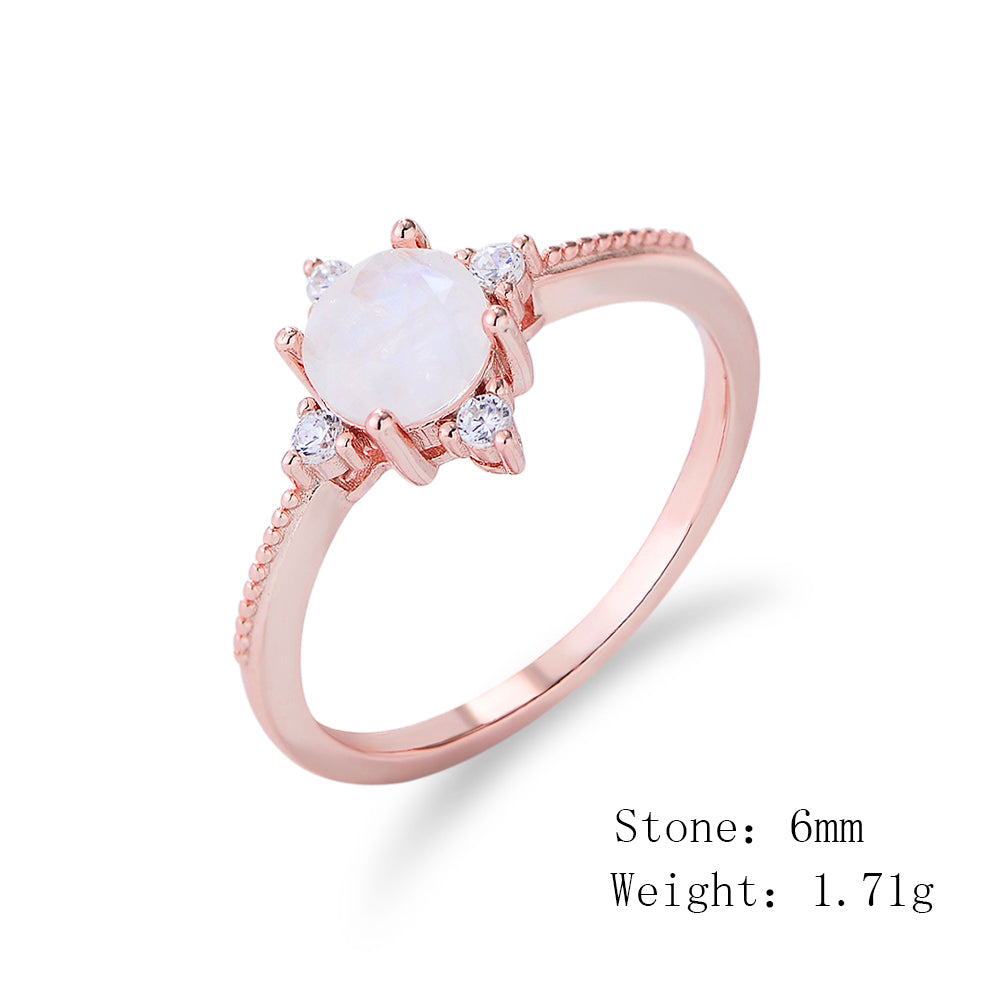 Unique Design Round Gemstone Rose Gold Plated 925 Silver Moonstone Ring