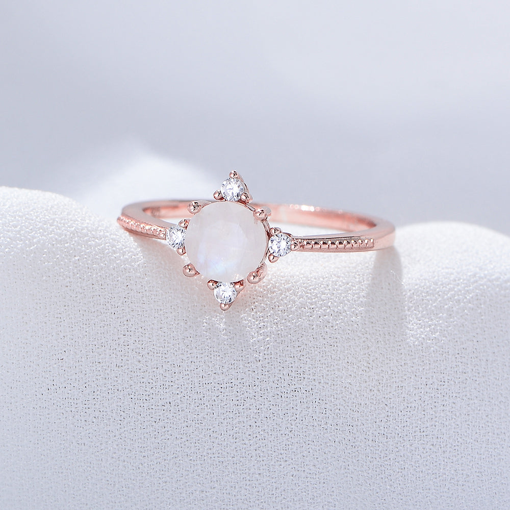 Unique Design Round Gemstone Rose Gold Plated Moonstone Ring