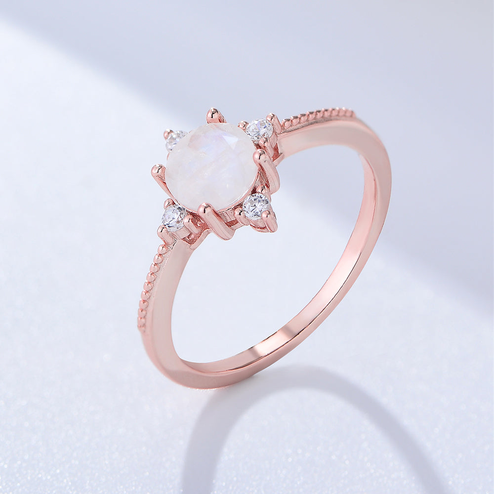 Unique Design Round Gemstone Rose Gold Plated 925 Silver Moonstone Ring