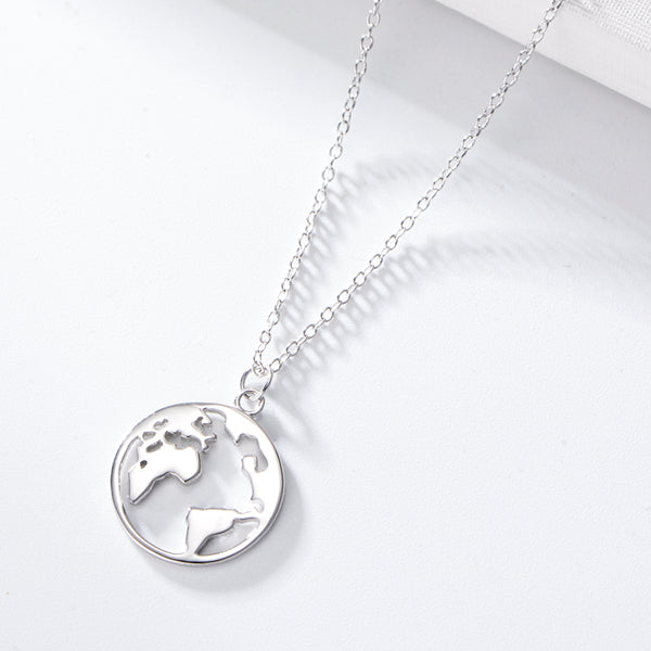 925 Sterling Silver Rose Gold Plated High Polishing Coin World Map Pendant Necklace