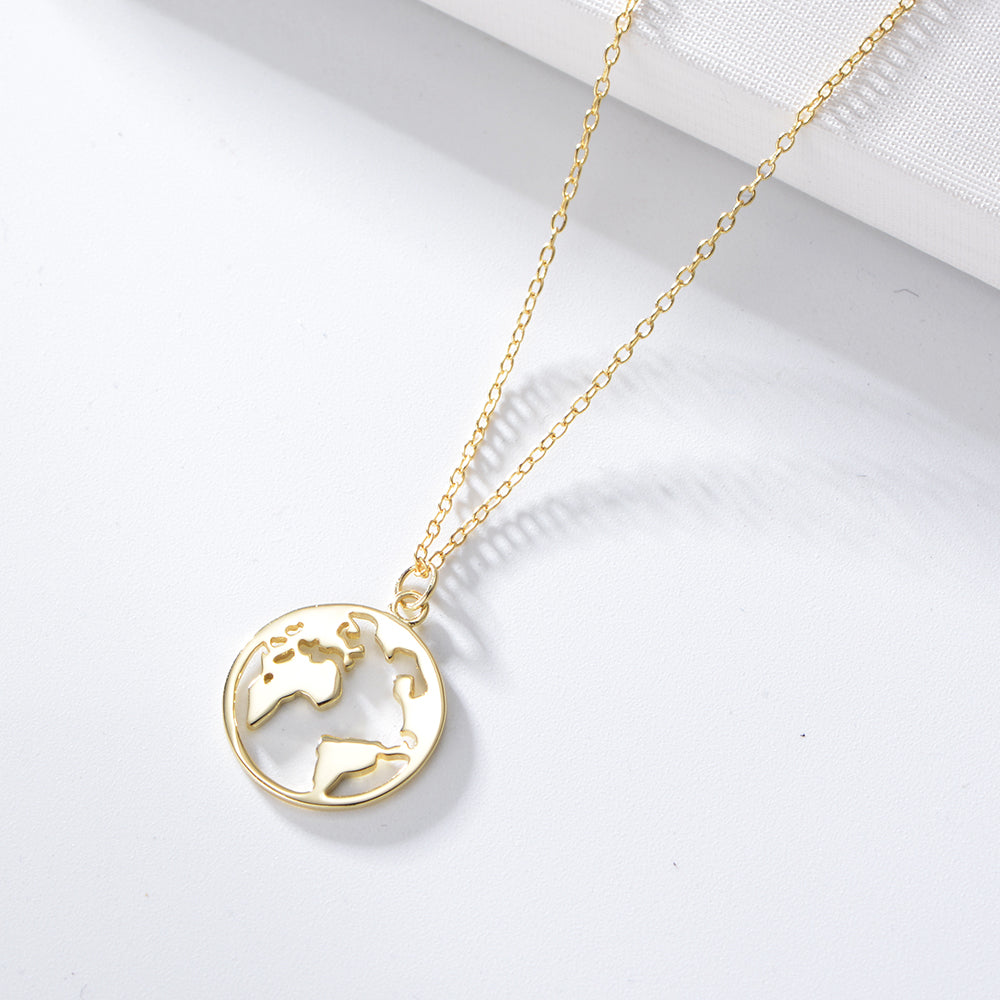 Rose Gold Plated High Polishing Coin World Map Pendant Necklace