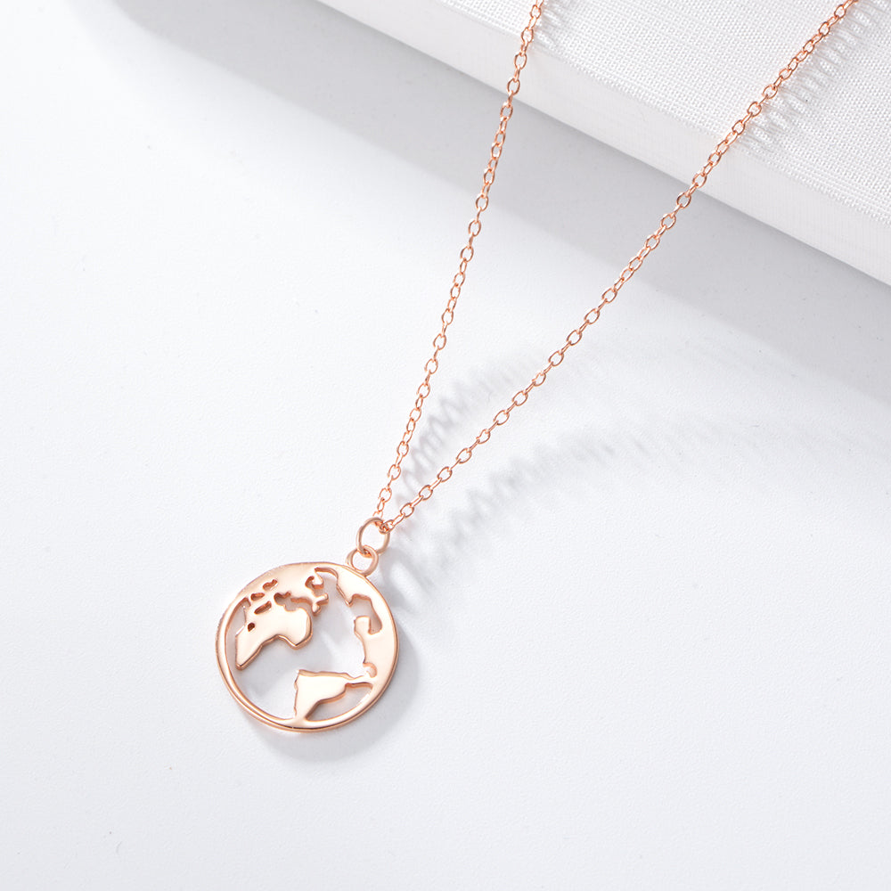 925 Sterling Silver Rose Gold Plated High Polishing Coin World Map Pendant Necklace