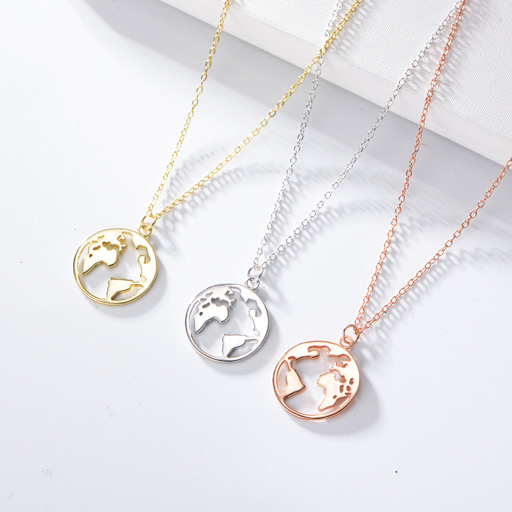 Rose Gold Plated High Polishing Coin World Map Pendant Necklace