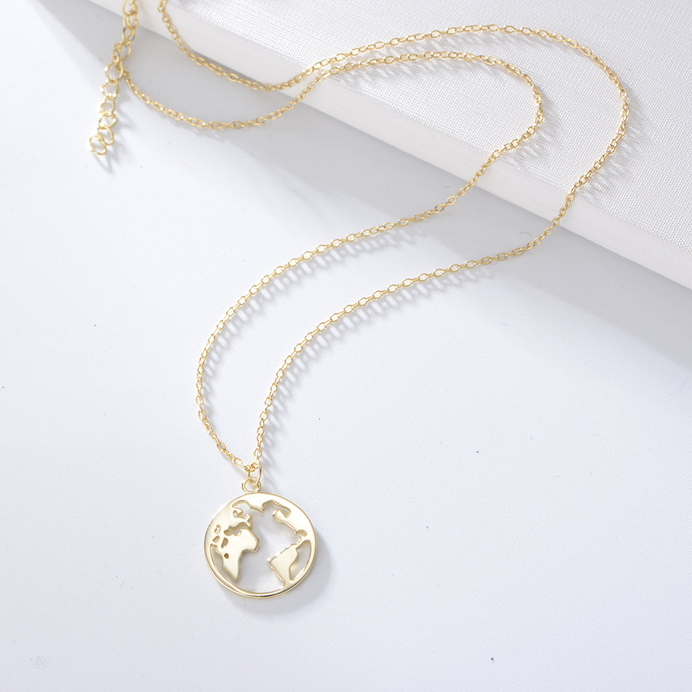 Rose Gold Plated High Polishing Coin World Map Pendant Necklace