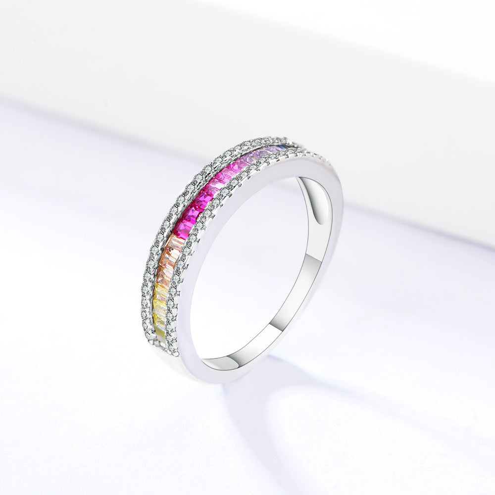 925 Sterling Silver Women Ruby Setting Color Cubic Zirconia Band Ring