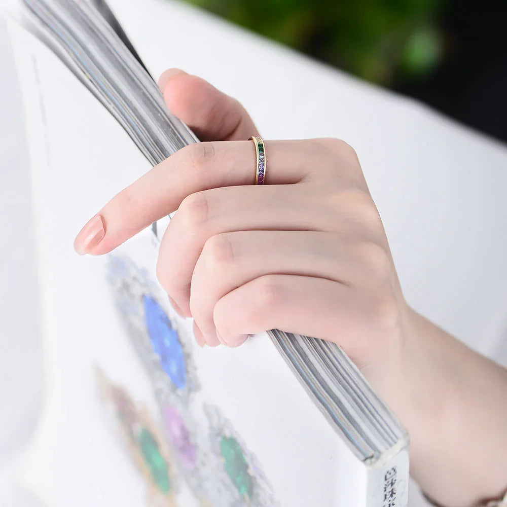 Trendy Anniversary Jewelry Eternity Multi Color Rainbow Cubic Zirconia Band Ring