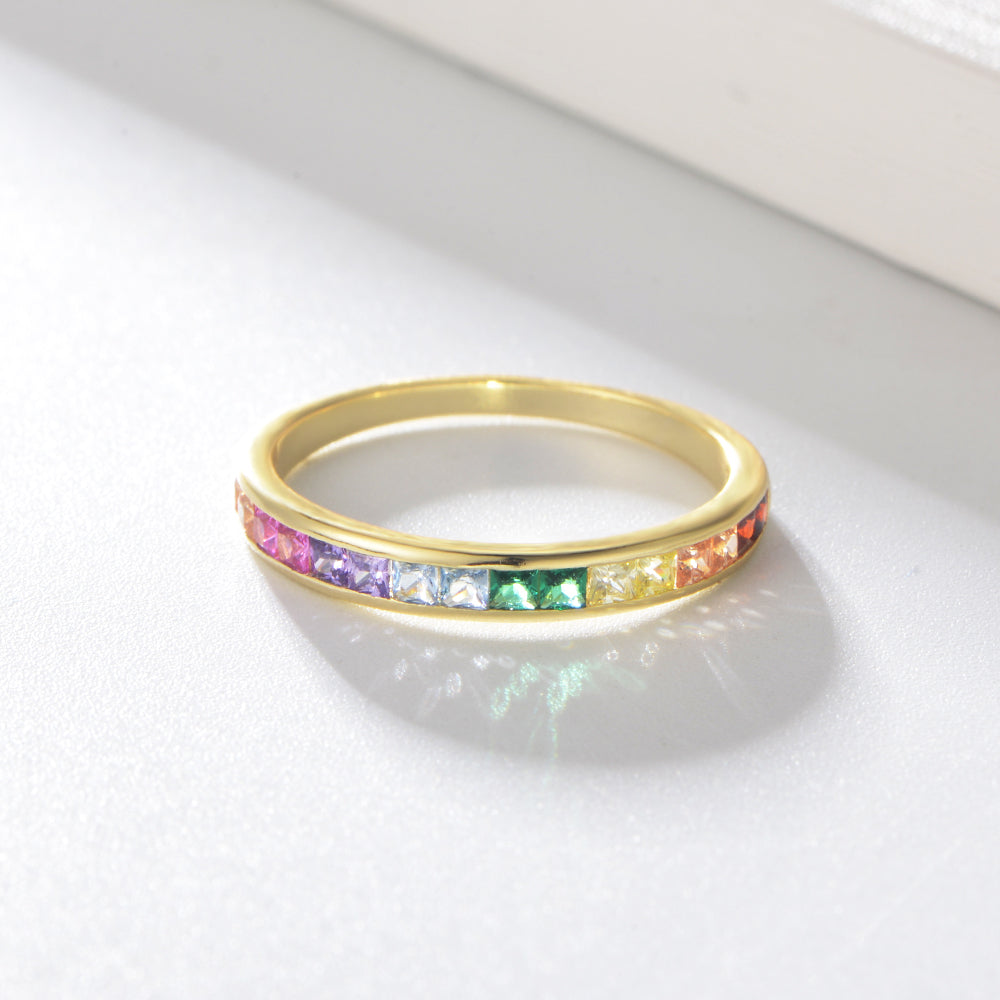 Trendy Anniversary Jewelry Eternity Rings Gold Plated Multi Color Rainbow Cubic Zirconia 925 Sterling Silver Band Ring