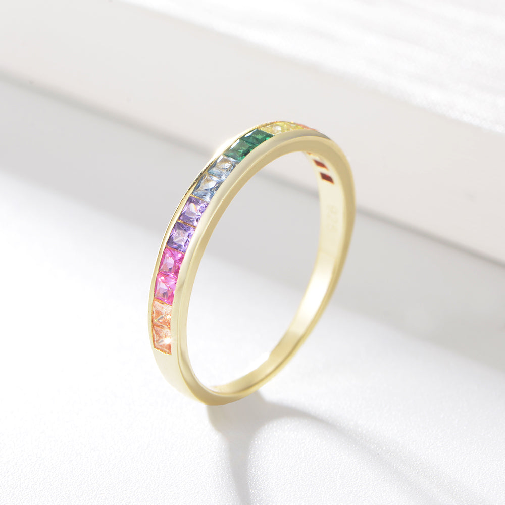 Trendy Anniversary Jewelry Eternity Rings Gold Plated Multi Color Rainbow Cubic Zirconia 925 Sterling Silver Band Ring