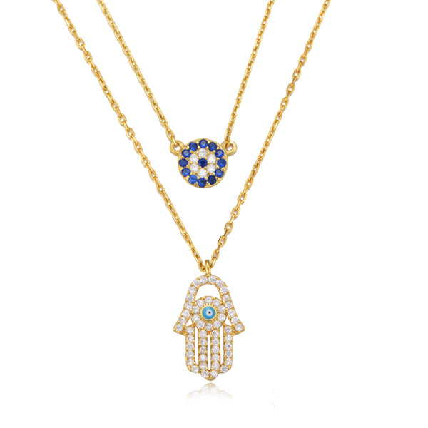 925 Sterling Silver Cubic Zirconia 14K Gold Plated Hamsa Hand Pendant Necklace