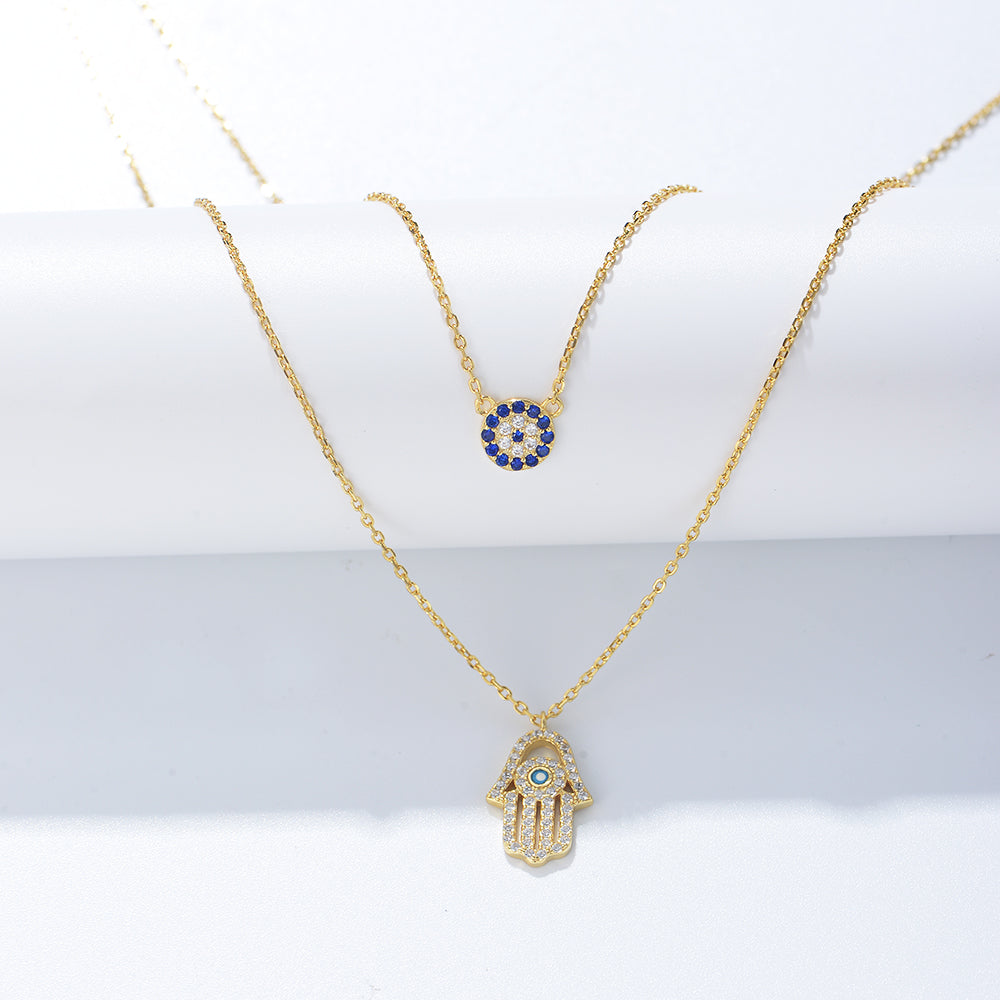 Cubic Zirconia 14K Gold Plated Hamsa Hand Pendant Necklace