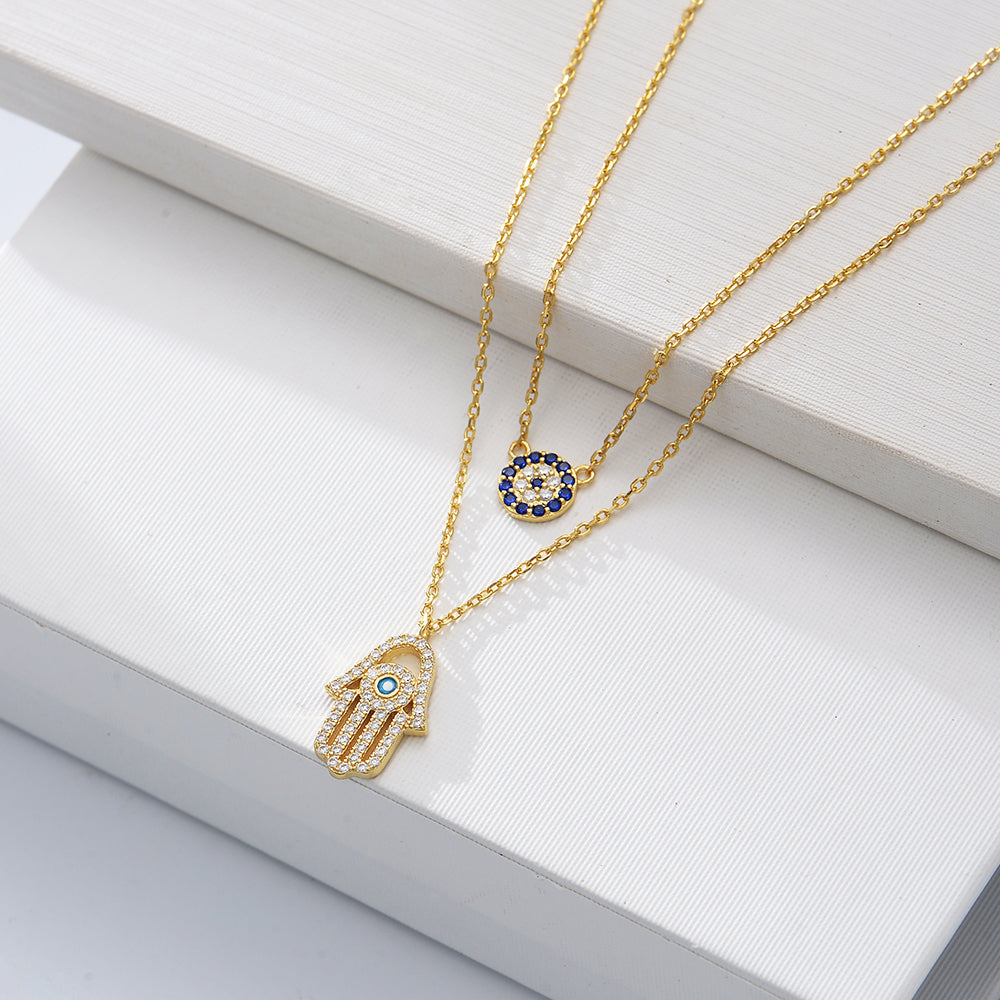 Cubic Zirconia 14K Gold Plated Hamsa Hand Pendant Necklace