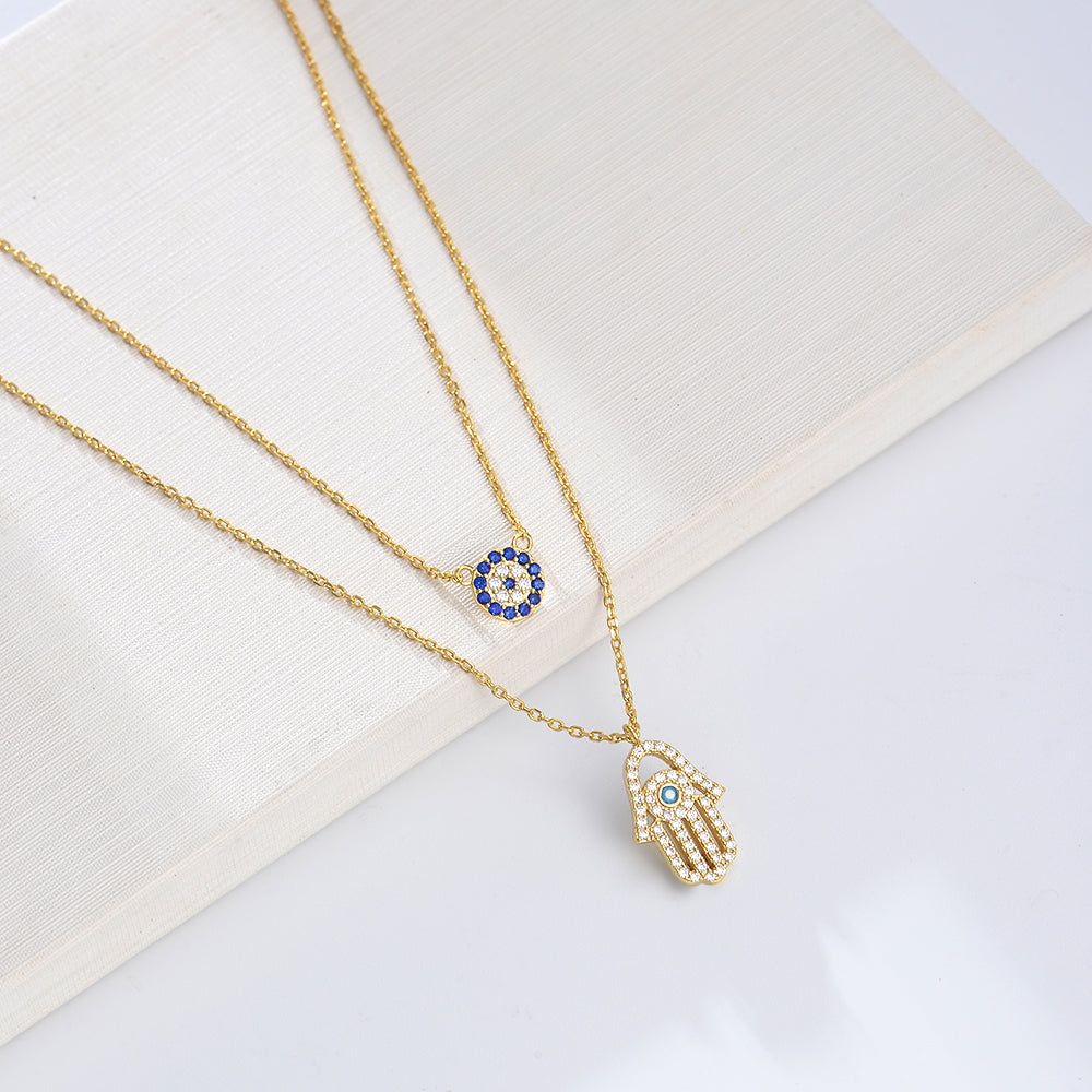 Cubic Zirconia 14K Gold Plated Hamsa Hand Pendant Necklace
