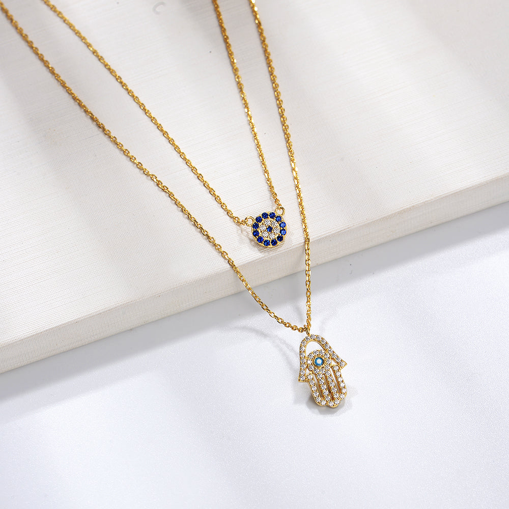Cubic Zirconia 14K Gold Plated Hamsa Hand Pendant Necklace