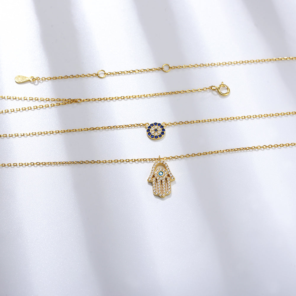 Cubic Zirconia 14K Gold Plated Hamsa Hand Pendant Necklace