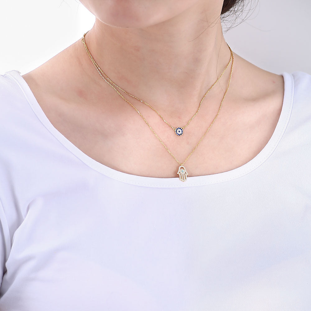 Cubic Zirconia 14K Gold Plated Hamsa Hand Pendant Necklace