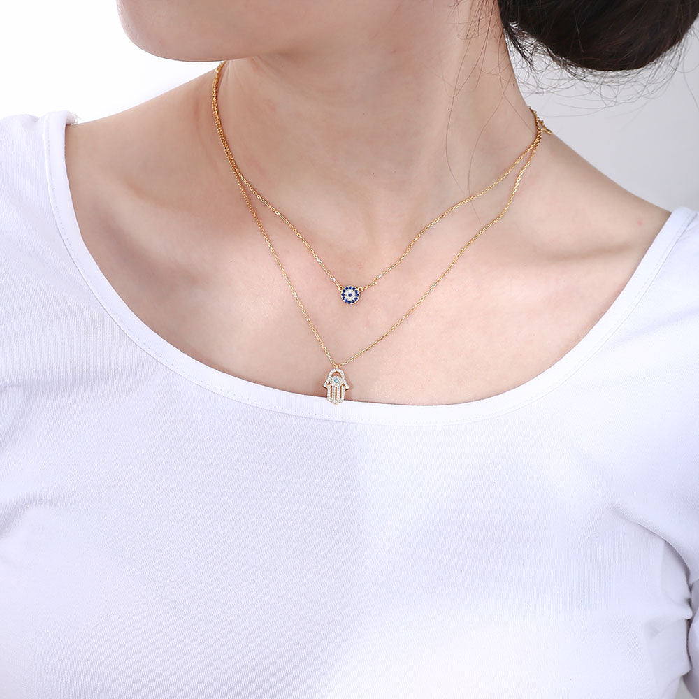 Cubic Zirconia 14K Gold Plated Hamsa Hand Pendant Necklace