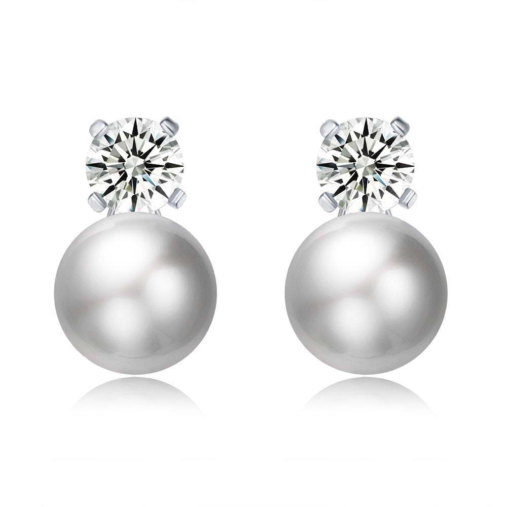 S925 Sterling Silver 14K Gold Plated Shiny Cubic Zirconia Pearl Stud Earrings