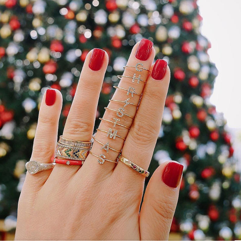 Fashion Simple Round Brilliant Cut Zircon Gold Plated Jewelry A-Z 26 Letters Name Initial Rings