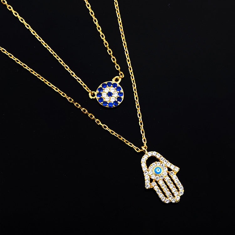 Cubic Zirconia 14K Gold Plated Hamsa Hand Pendant Necklace