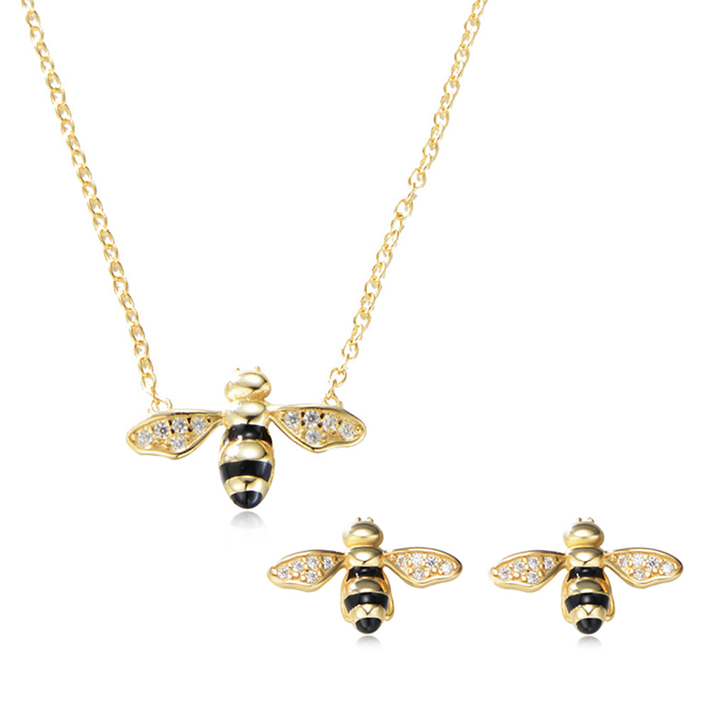 Dainty Gold Plated Black Enamel Bee Necklace