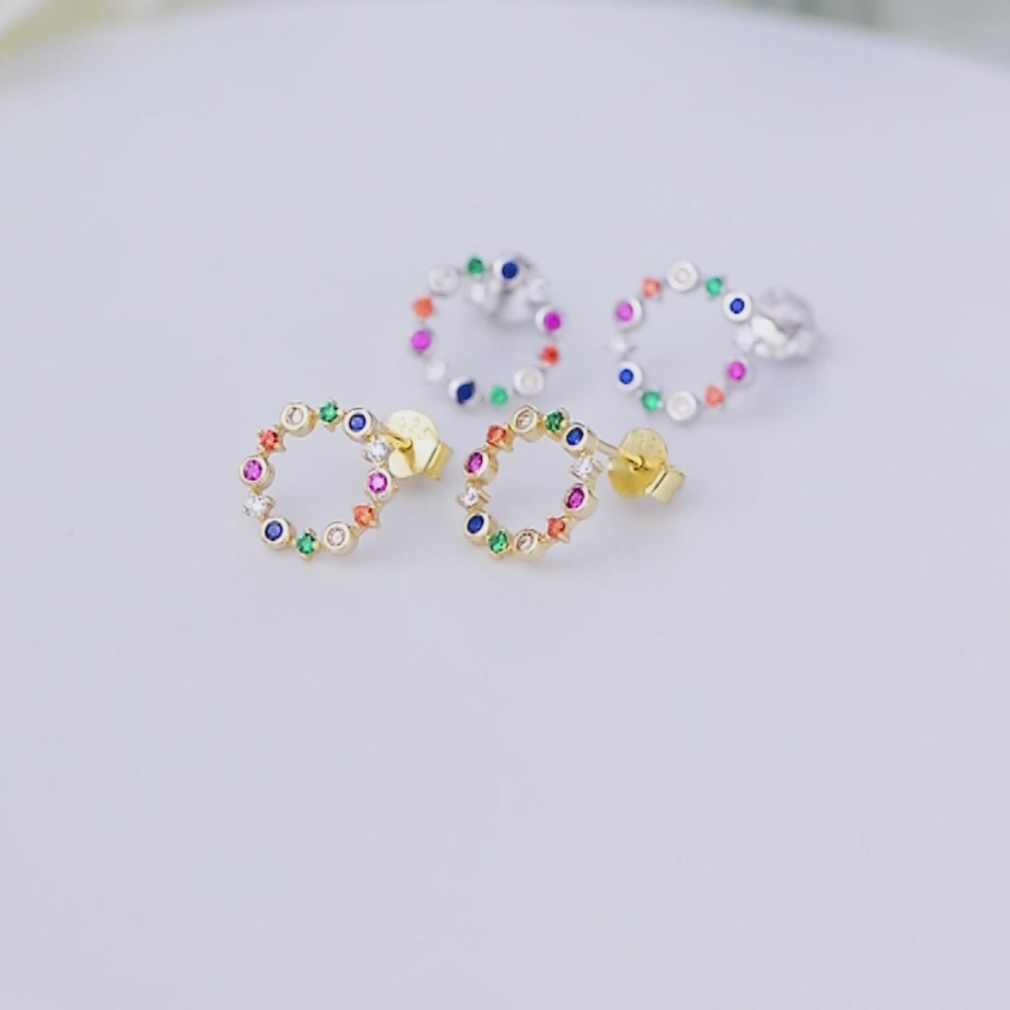 Simple Luxury Round Colorful Diamond CZ Sterling Silver Stud Earrings