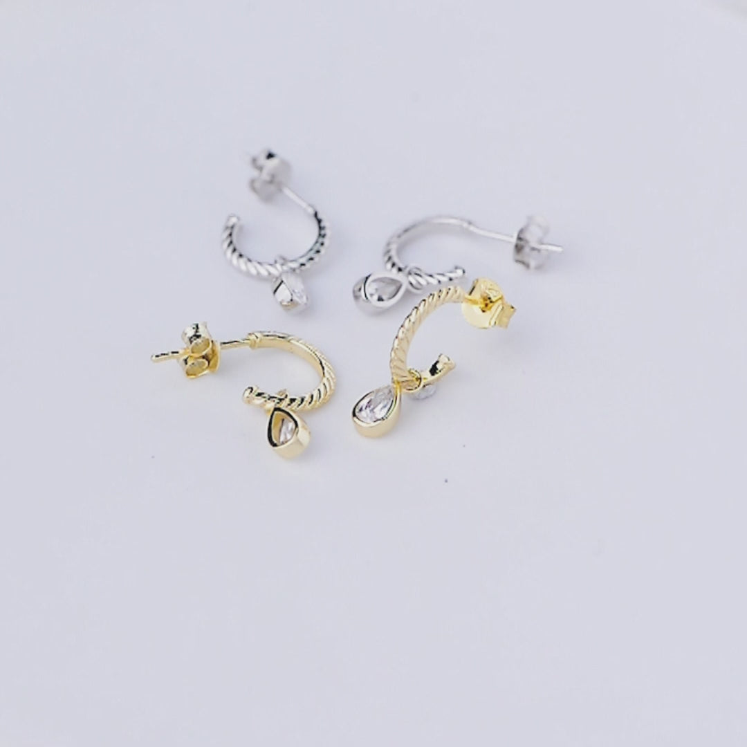 925 Sterling Silver Water Drop Cubic Zirconia Gold Plated Simple Rope Stripe Stud Earrings