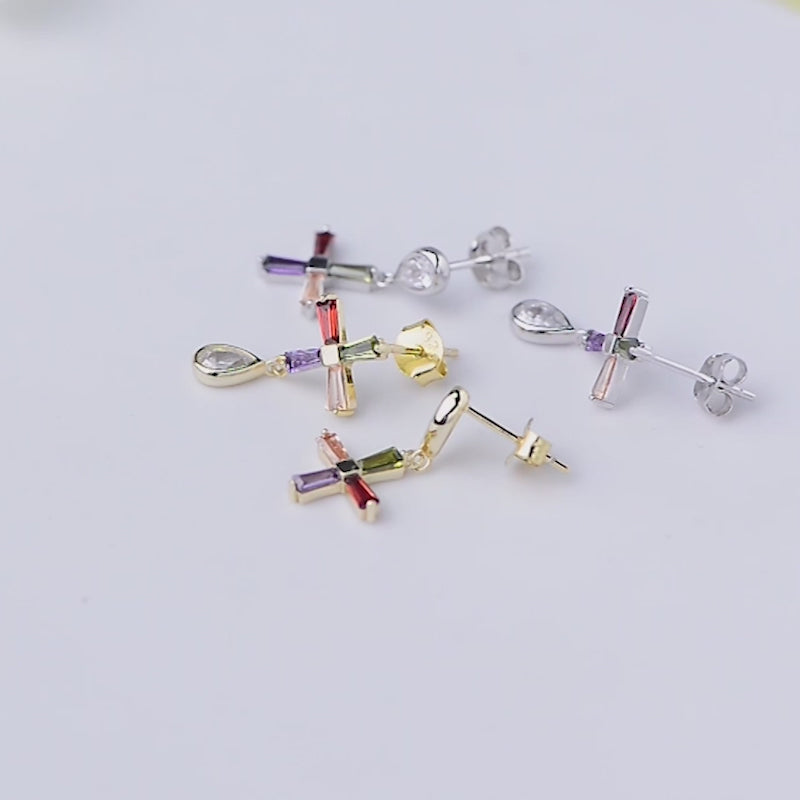 Fine Jewelry  Colorful Zircon CZ Diamond Cross Dangle Stud Earrings