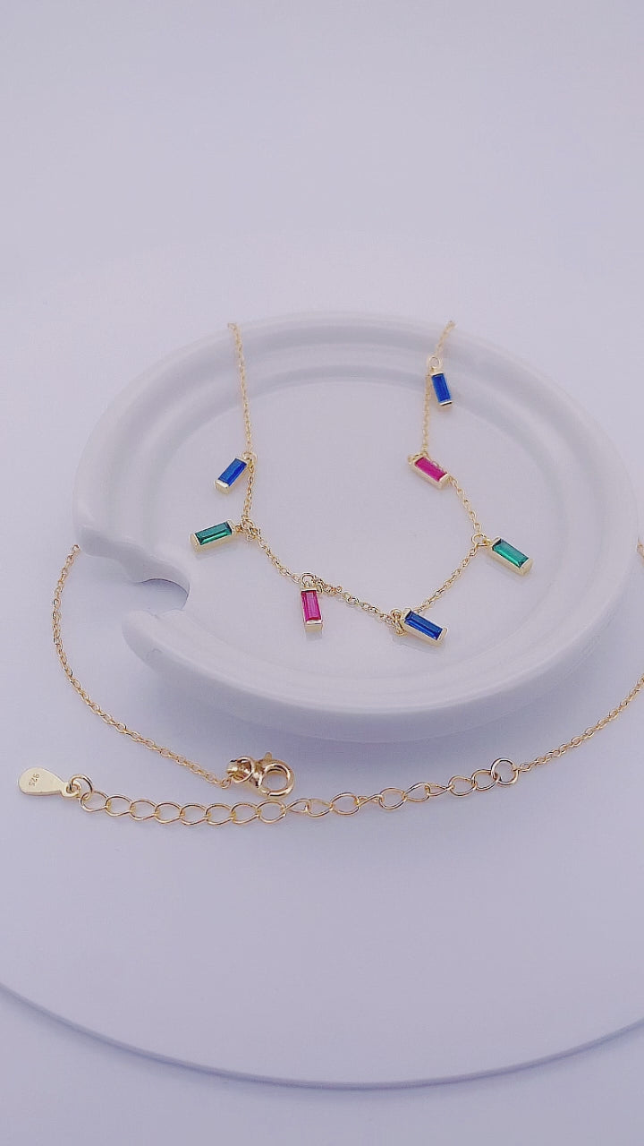 Rectangle Colorful Zircon Charm Choker Gold Plated 925 Sterling Silver Tassel Necklace