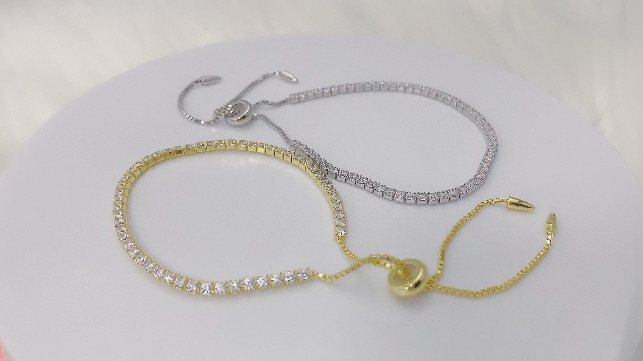 925 Sterling Silver Full Diamond CZ Zirconia Gold Plated Adjustable Round Tennis Bracelet