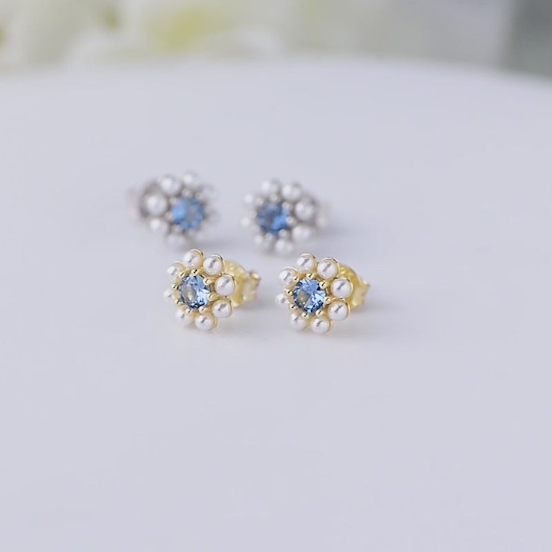 New Fashion  Blue Zircon Pearl Flower Lovely Stud Earrings