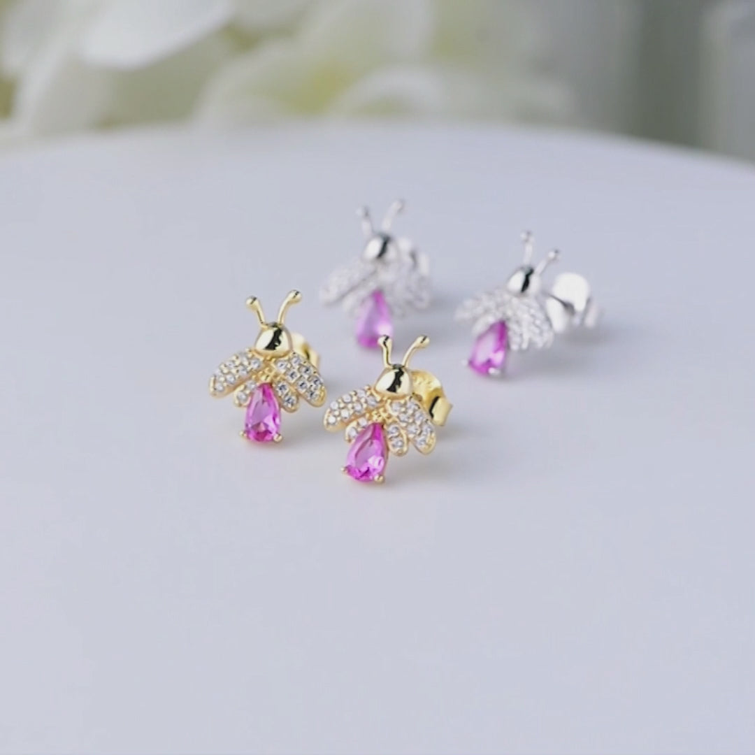 Gold Plated Rainbow Diamond CZ Bee Stud Earrings