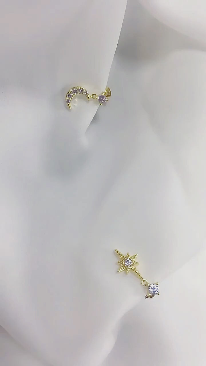 CZ Zirconia Asymmetry Star Moon Earrings