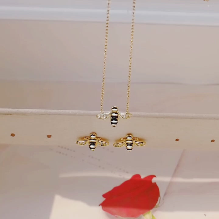 Dainty Gold Plated Black Enamel Bee Necklace