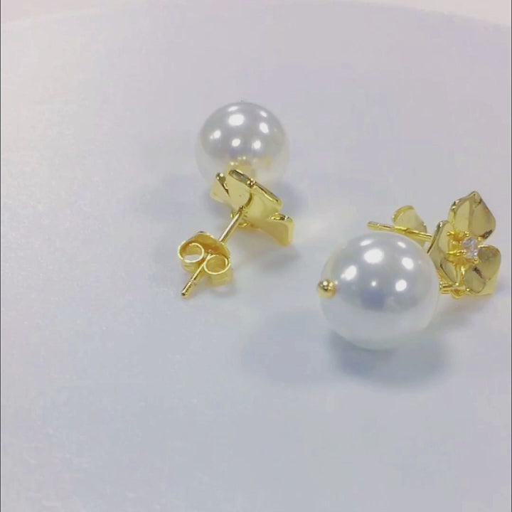 Gold Plated Cute Flower Dangle Pearl  Stud Earring
