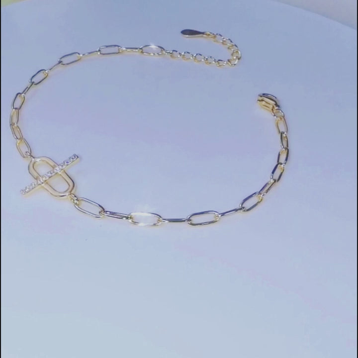 Zircon Gold Plated Curb Chain Cross Paper Clip Bracelet