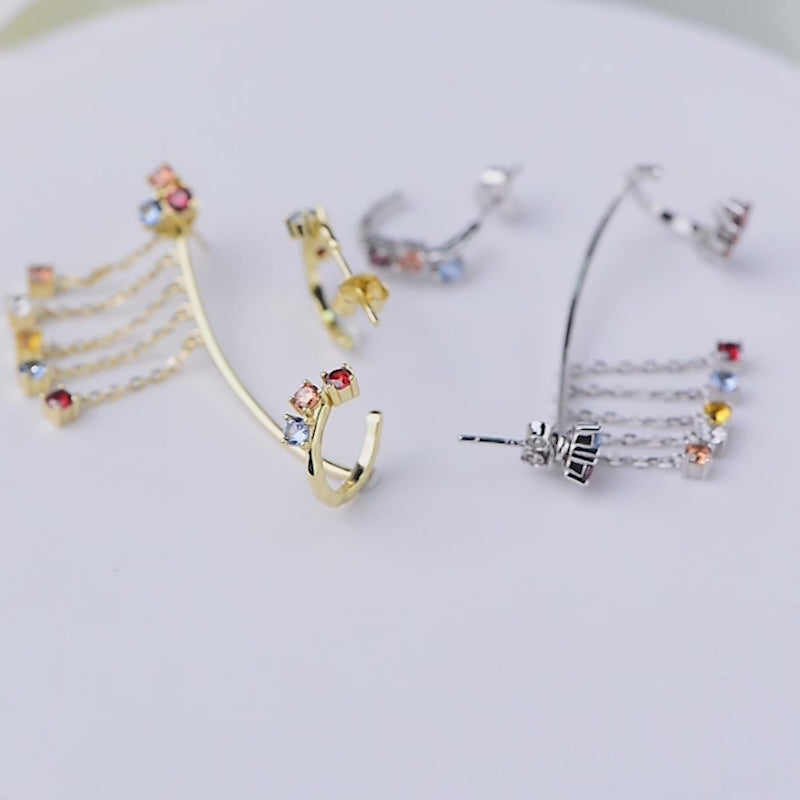 Fashion Colorful Cubic Zircon Chain Tassel Cuff Earring