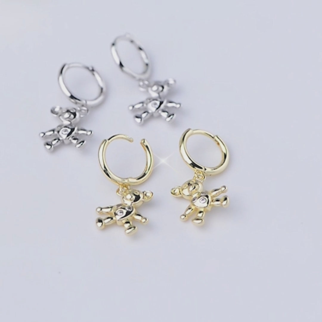 Personalize  Zirconia Lovely Teddy Bear Charm Hoop Earrings