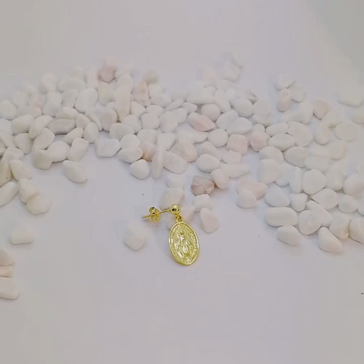 Gold Plated Virgin Mary Oval Shaped Drop Earrings