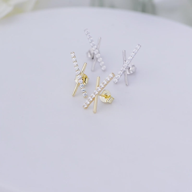 Minimalist CZ Long Bar Symmetric Cross X Stud Earrings