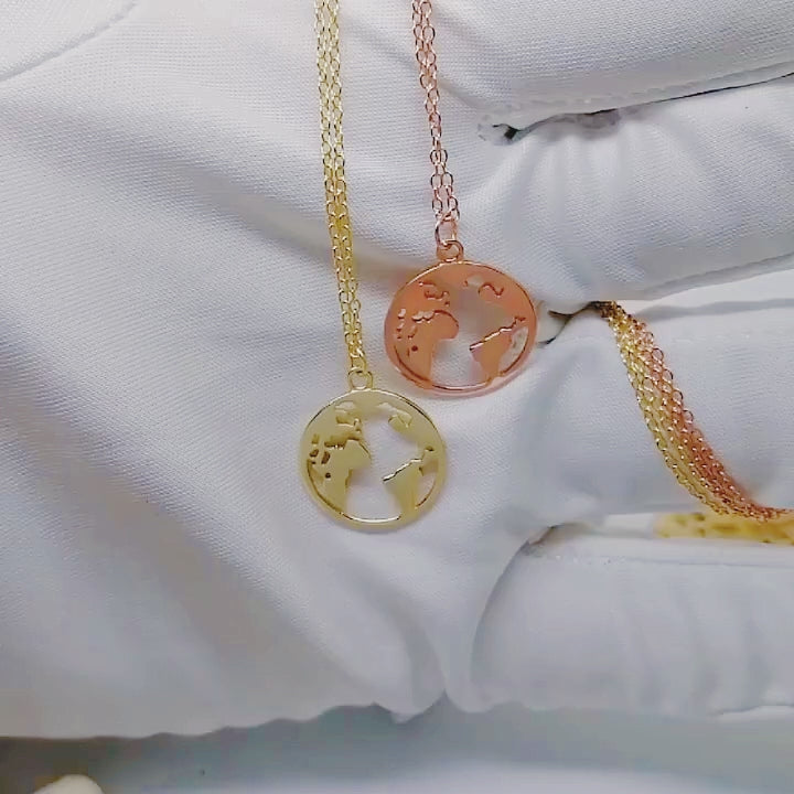 Rose Gold Plated High Polishing Coin World Map Pendant Necklace