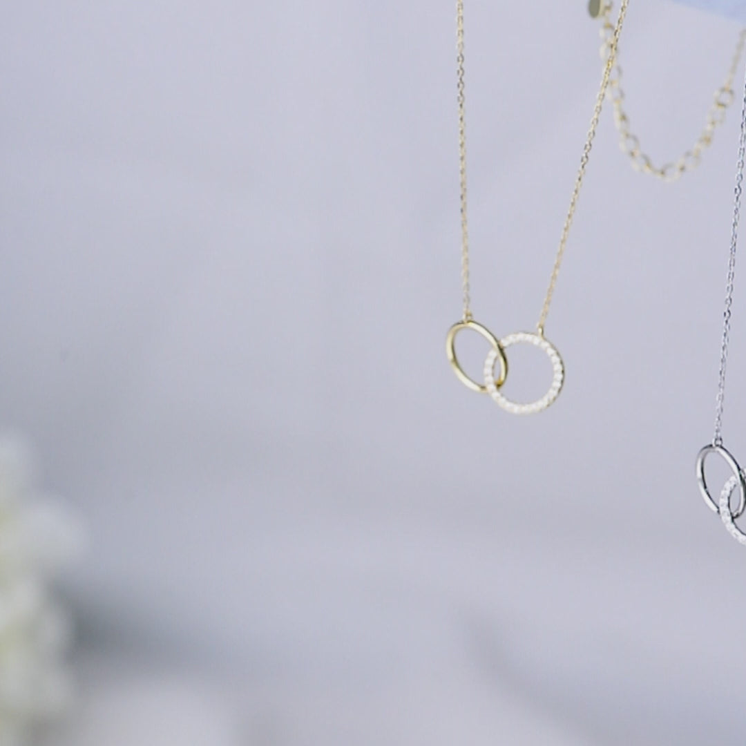 Pave Setting Zircon Gold Plated Round Two Circles Couple Necklace