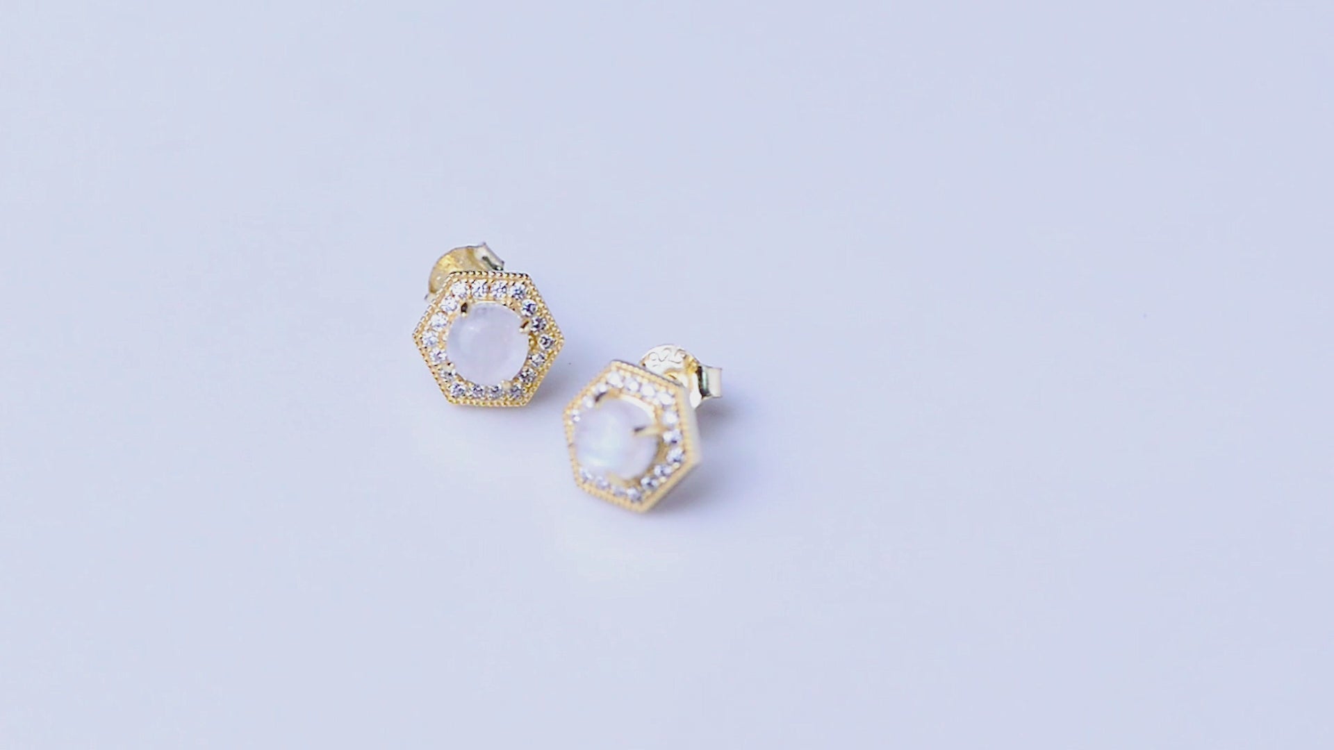 Dainty Hexagon Design Moonstone Cubic Zirconia Stud Earrings